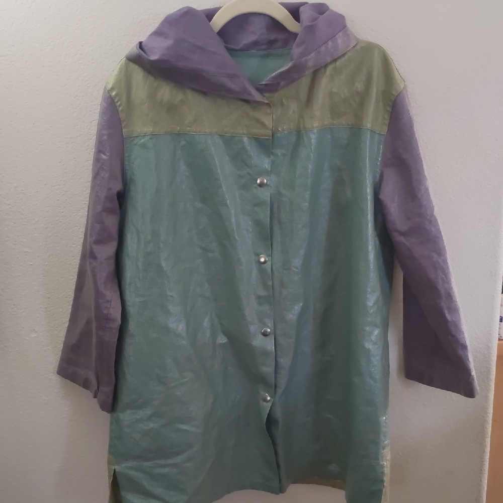 Roxy Wells Rare Hooded Linen Raincoat Patchwork Abstract Art 60's Boho M